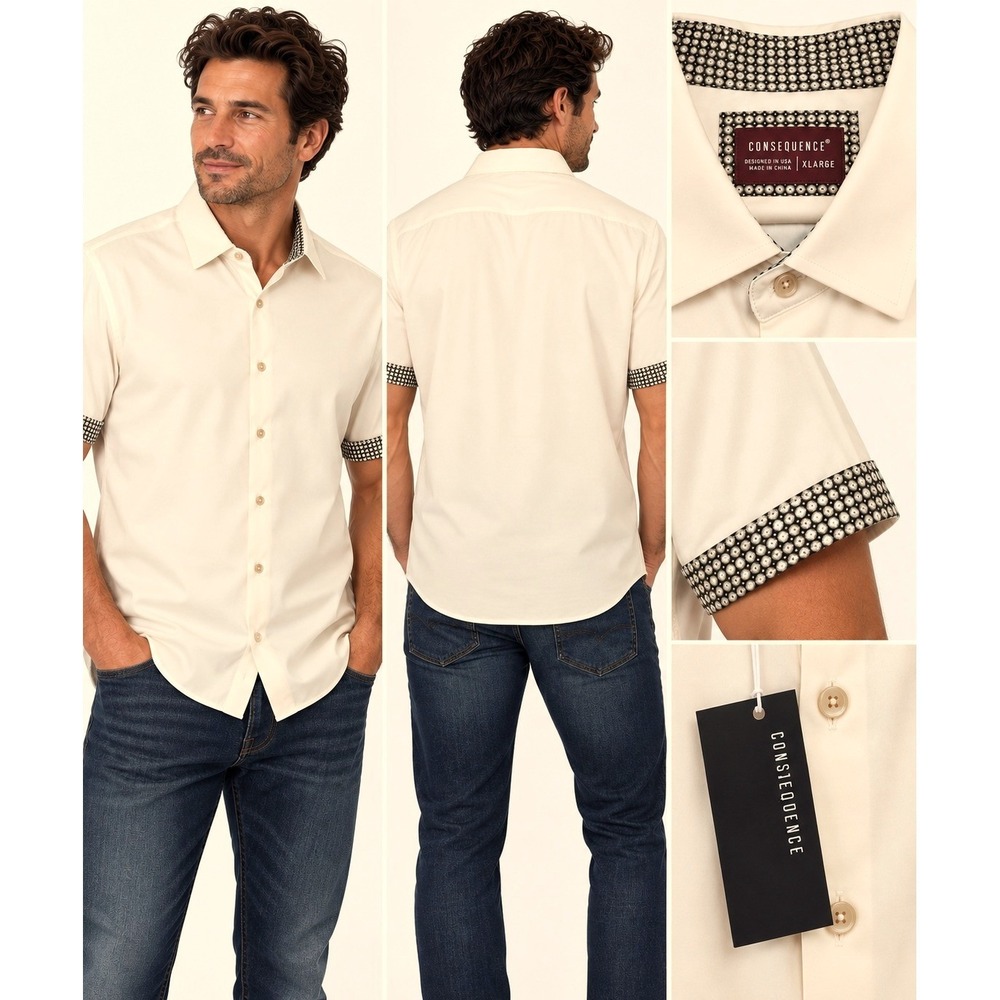 Consequence Mens Sand Dollar Cream Short Sleeve Stretch Button Down Shirt XL NEW